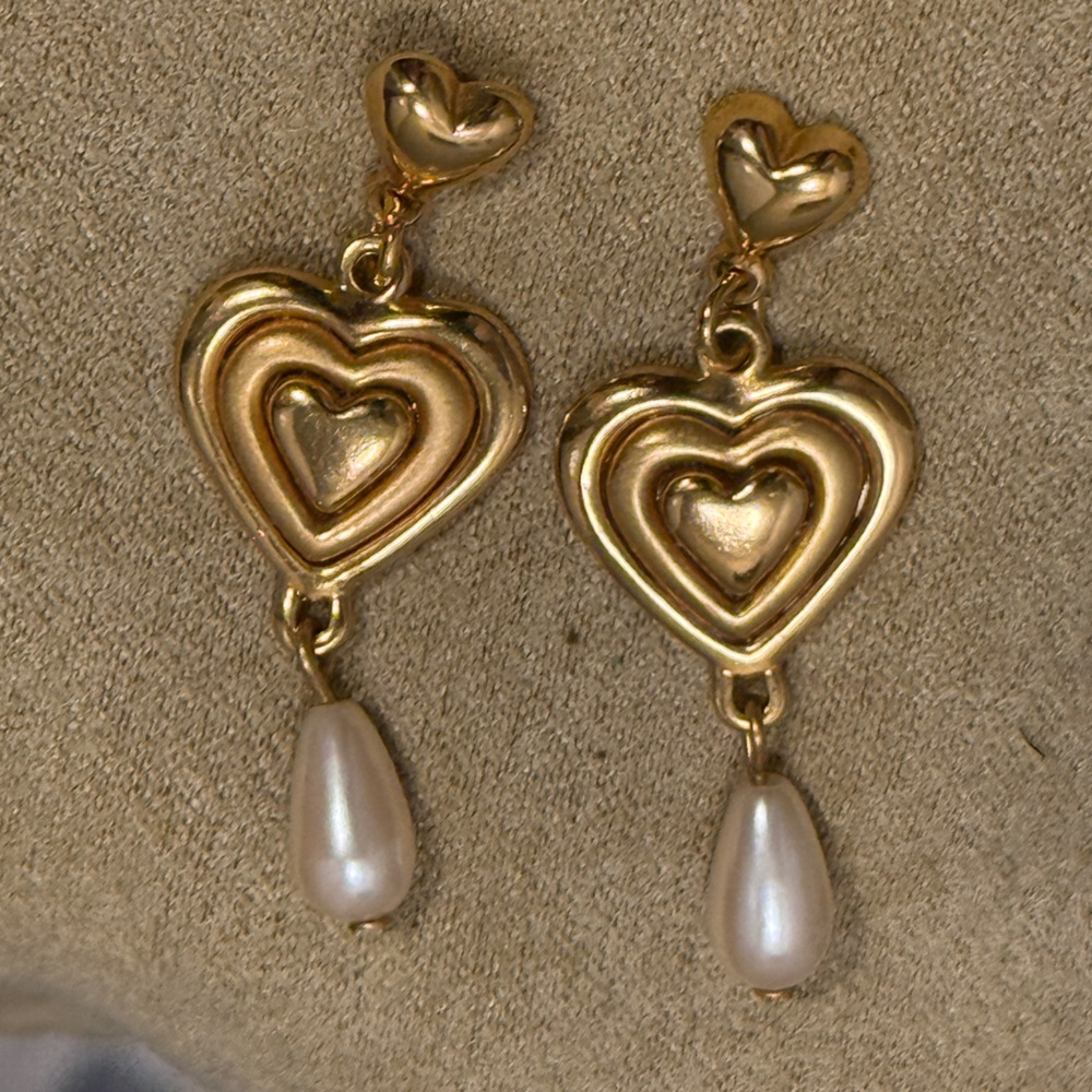 Gold Heart Drop Earrings with Pearl